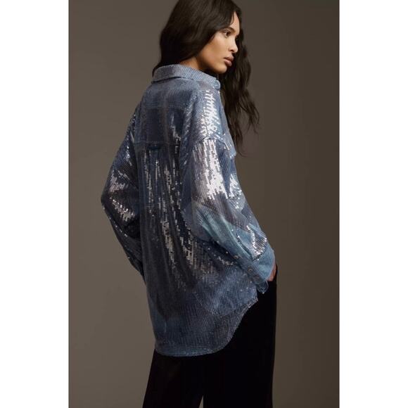 Anthropologie Pilcro Blue Sequin Oversized Button Up Blouse Size XL NEW - Picture 16 of 16